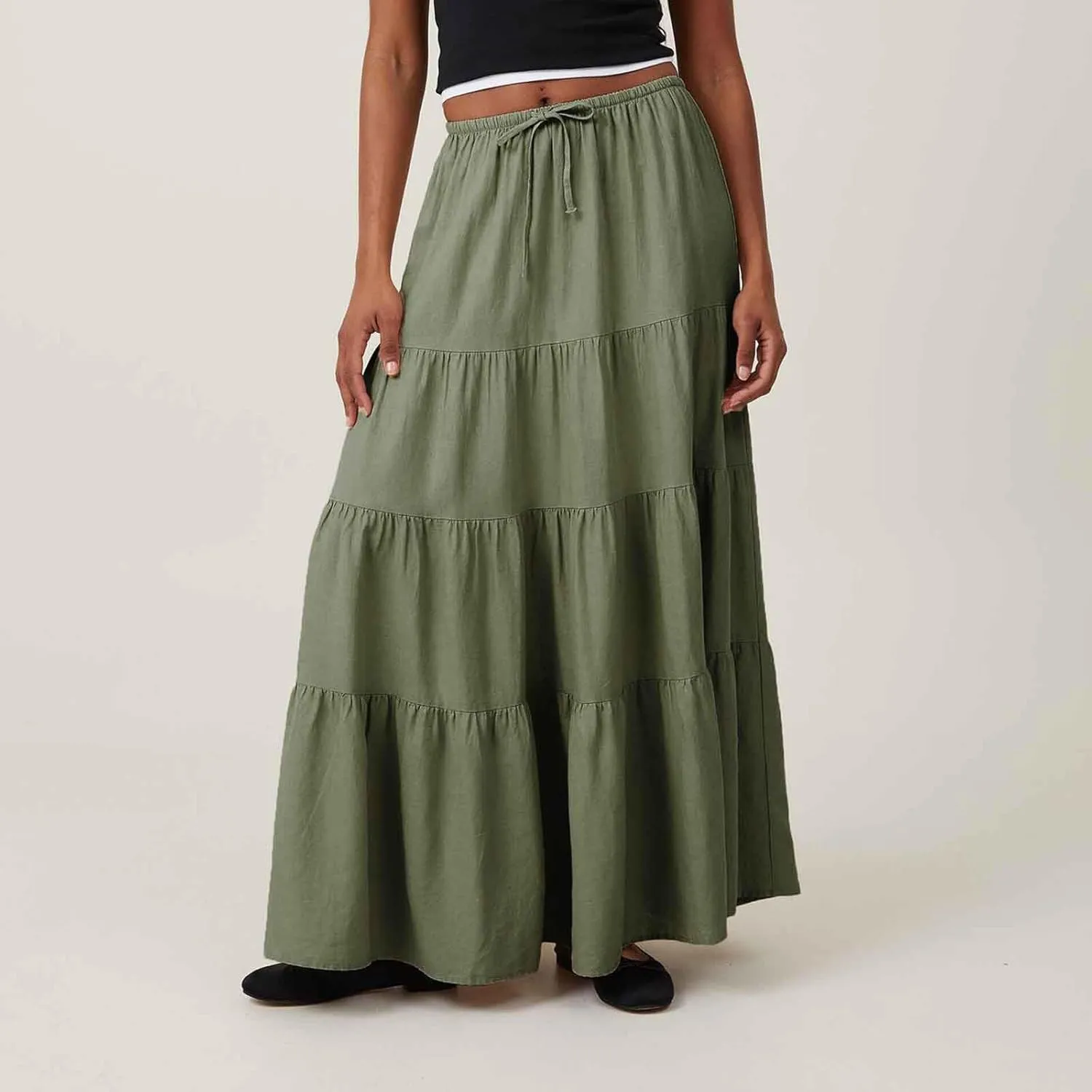 Maxi Skirts for Women Solid Color Ruffle Tiered Pleated Elastic High Waisted Skirt Summer Casual Flowy A Line Skirts