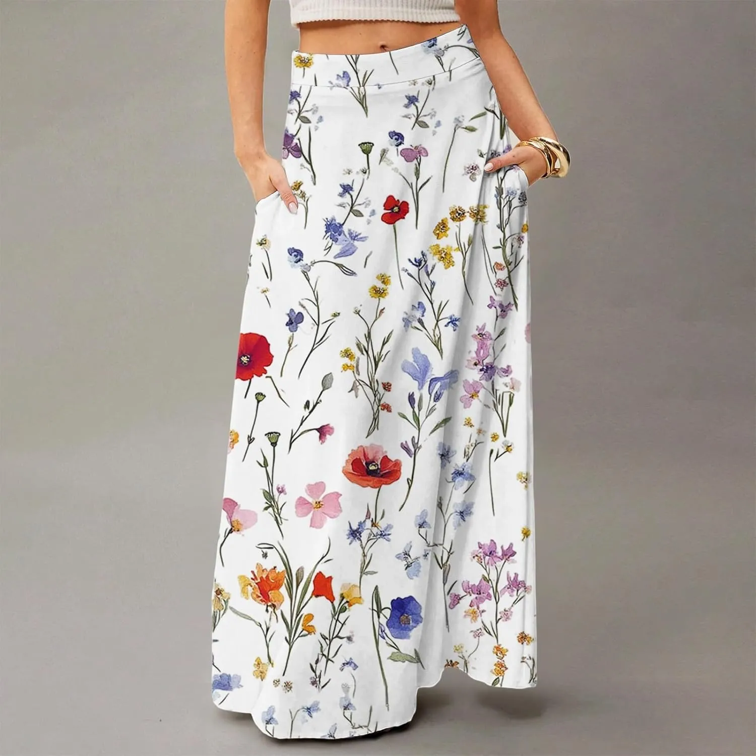 Maxi Skirts for Women Summer Boho Beach Elastic High Waist Pleated A-Line Flowy Swing Long Skirts