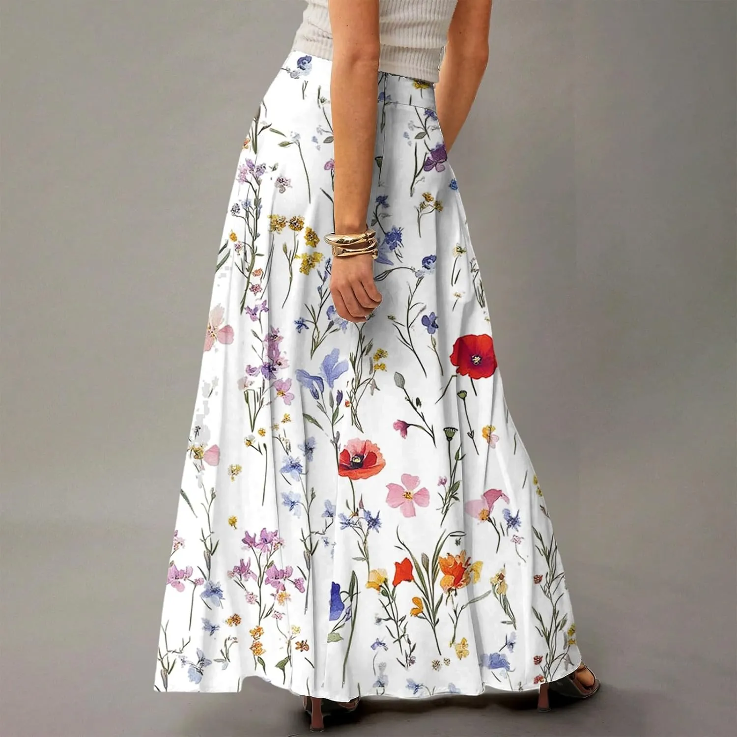 Maxi Skirts for Women Summer Boho Beach Elastic High Waist Pleated A-Line Flowy Swing Long Skirts