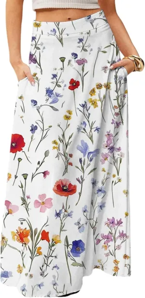 Maxi Skirts for Women Summer Boho Beach Elastic High Waist Pleated A-Line Flowy Swing Long Skirts