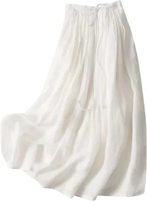 Maxi Skirts for Women Summer Drawstring High Elastic Waist Pleated A Line Skorts Solid Holiday Cotton Linen Skirt