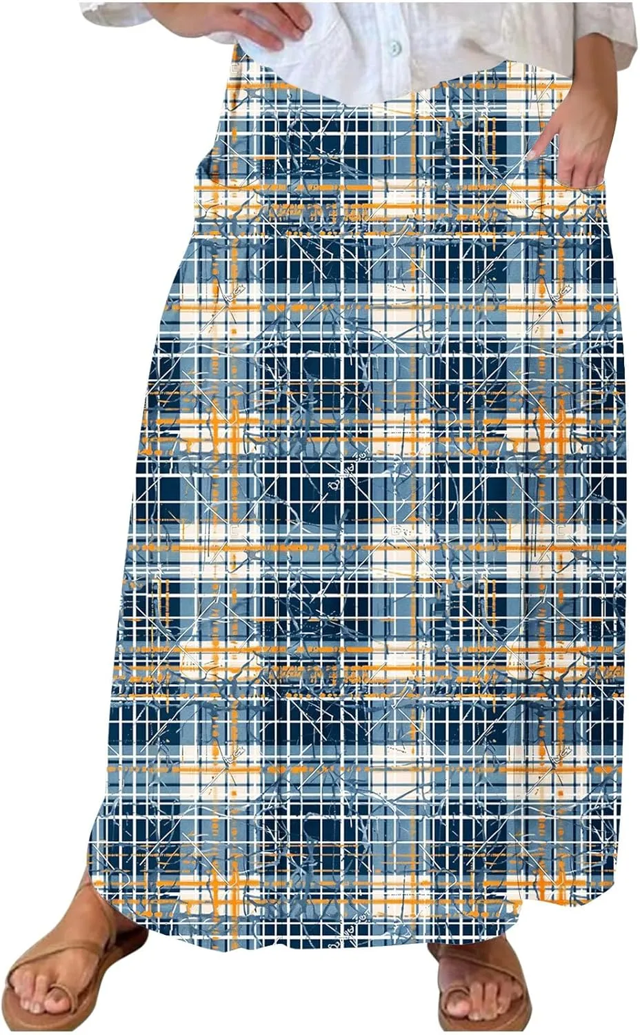 Maxi Skirts for Womens High Waist Boho Casual Elastic Skirt Beach Vacation Summer Trendy Long Skirts with Pockets