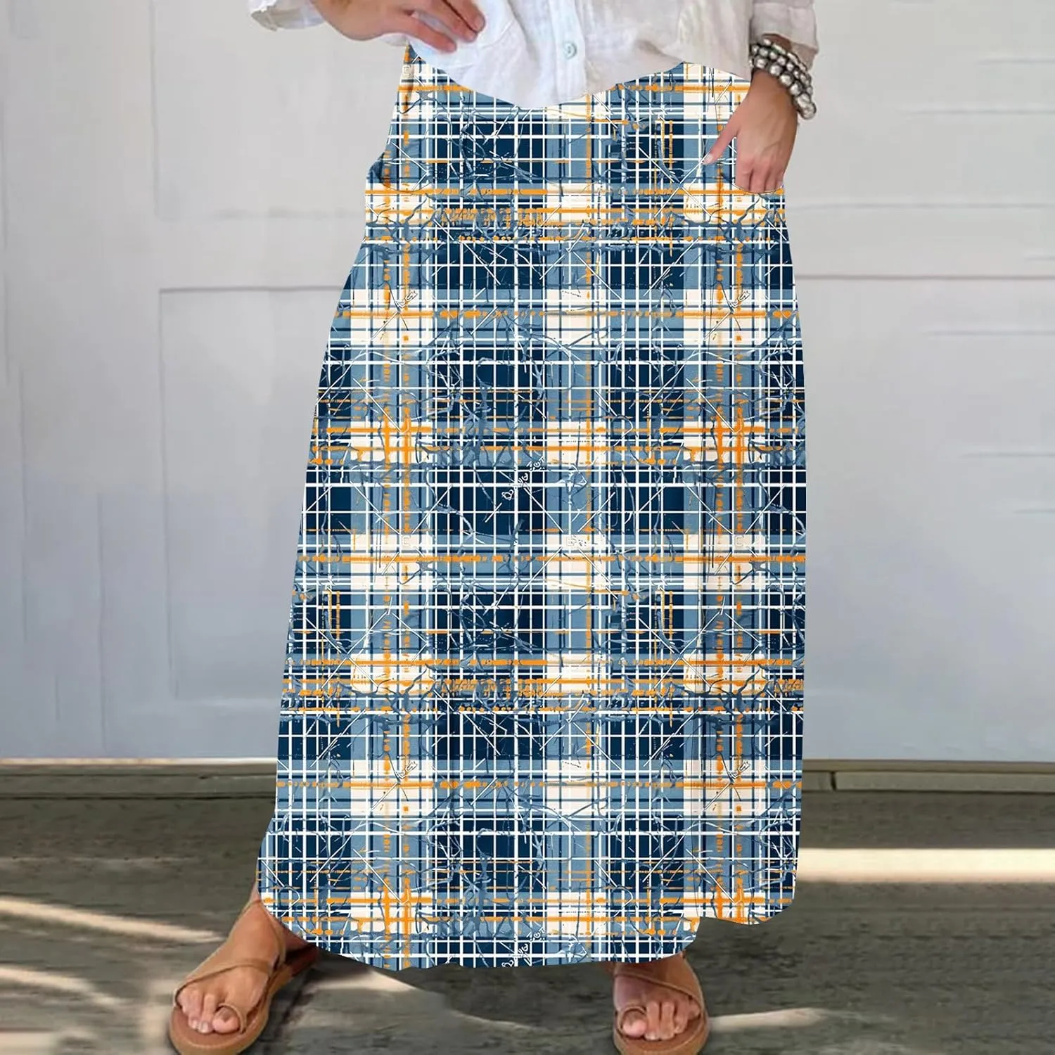 Maxi Skirts for Womens High Waist Boho Casual Elastic Skirt Beach Vacation Summer Trendy Long Skirts with Pockets