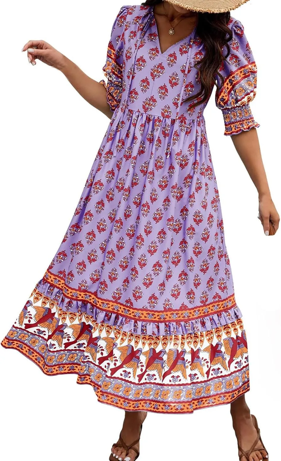 Mexican Dresses for Women 2024 V Neck Puff Sleeve Clothing Printed Stretchy Boho Trendy Dress Graphic Cami Travel