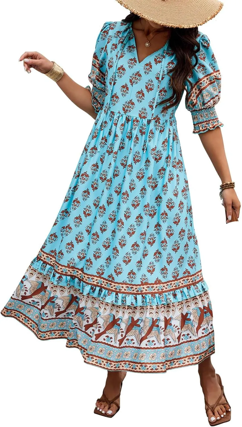 Mexican Dresses for Women 2024 V Neck Puff Sleeve Clothing Printed Stretchy Boho Trendy Dress Graphic Cami Travel