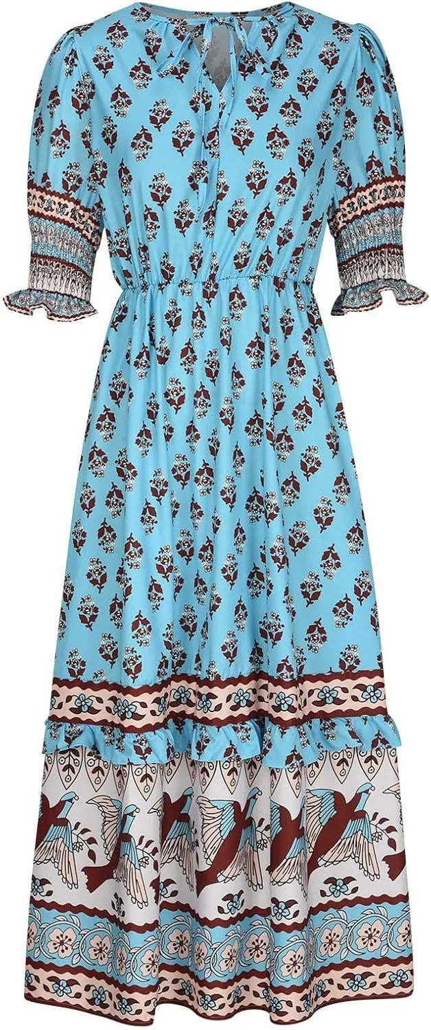 Mexican Dresses for Women 2024 V Neck Puff Sleeve Clothing Printed Stretchy Boho Trendy Dress Graphic Cami Travel