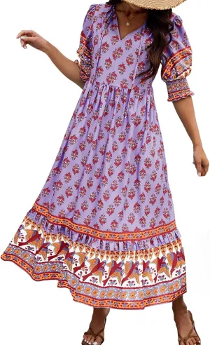 Mexican Dresses for Women 2024 V Neck Puff Sleeve Clothing Printed Stretchy Boho Trendy Dress Graphic Cami Travel