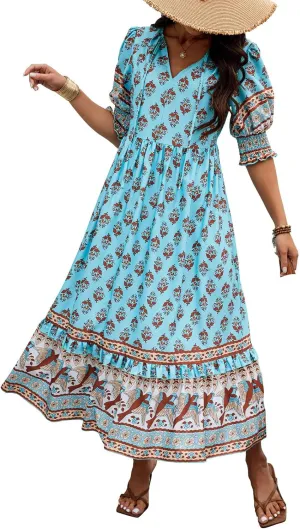 Mexican Dresses for Women 2024 V Neck Puff Sleeve Clothing Printed Stretchy Boho Trendy Dress Graphic Cami Travel