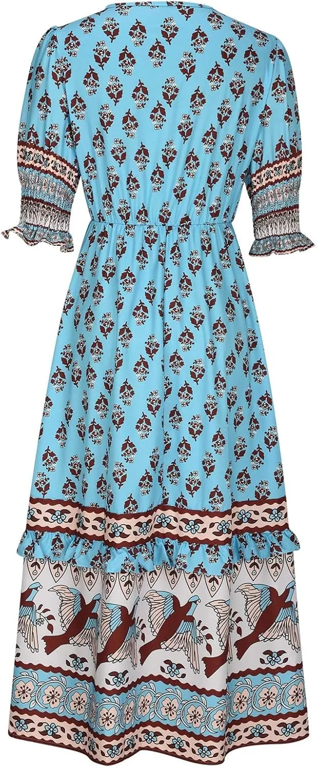 Mexican Dresses for Women 2024 V Neck Puff Sleeve Clothing Printed Stretchy Boho Trendy Dress Graphic Cami Travel