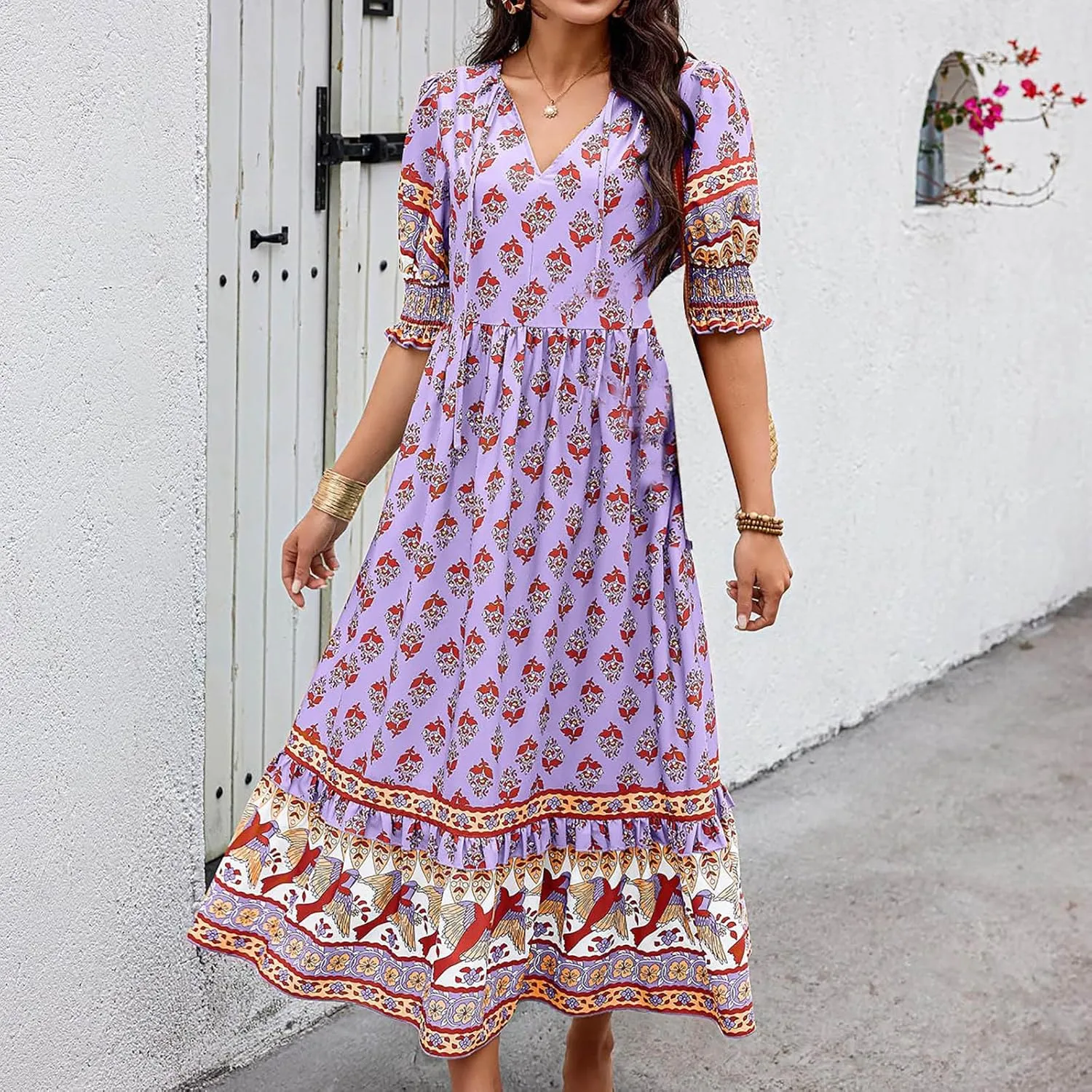 Mexican Dresses for Women 2024 V Neck Puff Sleeve Clothing Printed Stretchy Boho Trendy Dress Graphic Cami Travel