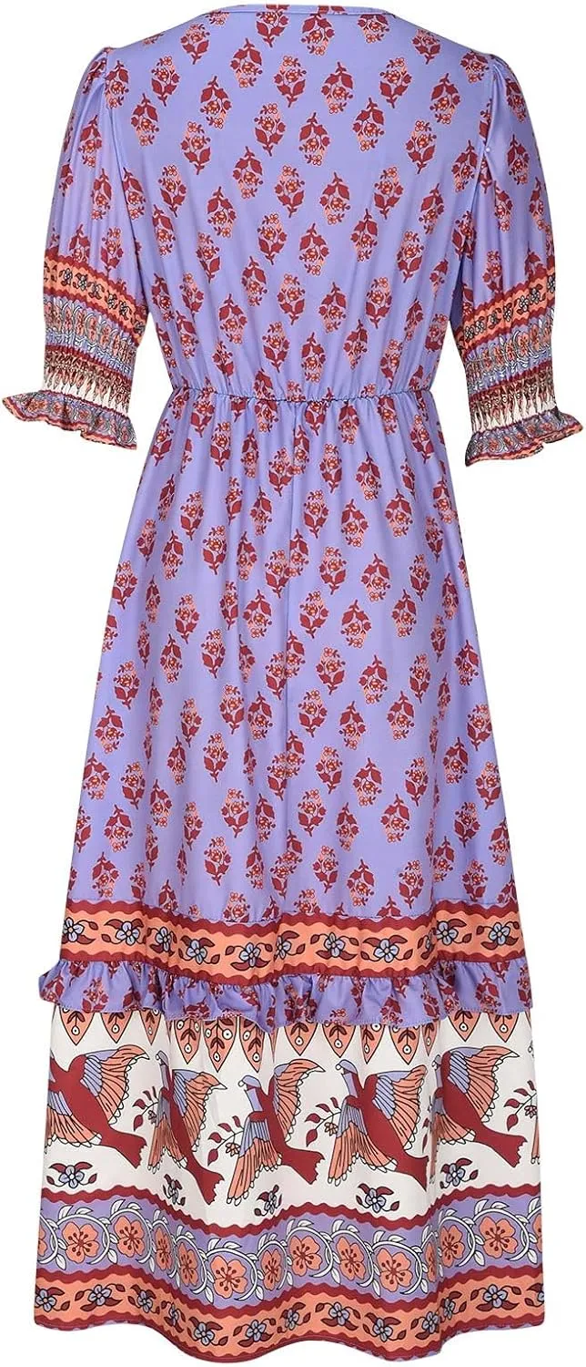 Mexican Dresses for Women 2024 V Neck Puff Sleeve Clothing Printed Stretchy Boho Trendy Dress Graphic Cami Travel