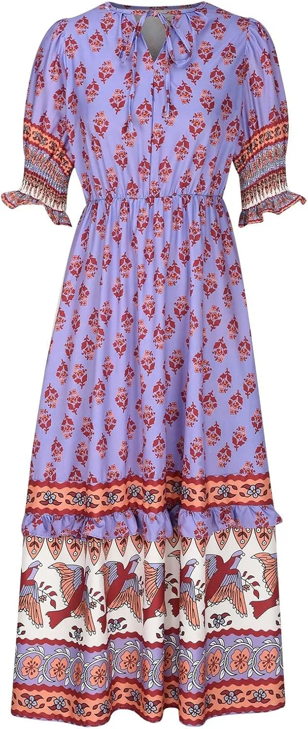 Mexican Dresses for Women 2024 V Neck Puff Sleeve Clothing Printed Stretchy Boho Trendy Dress Graphic Cami Travel