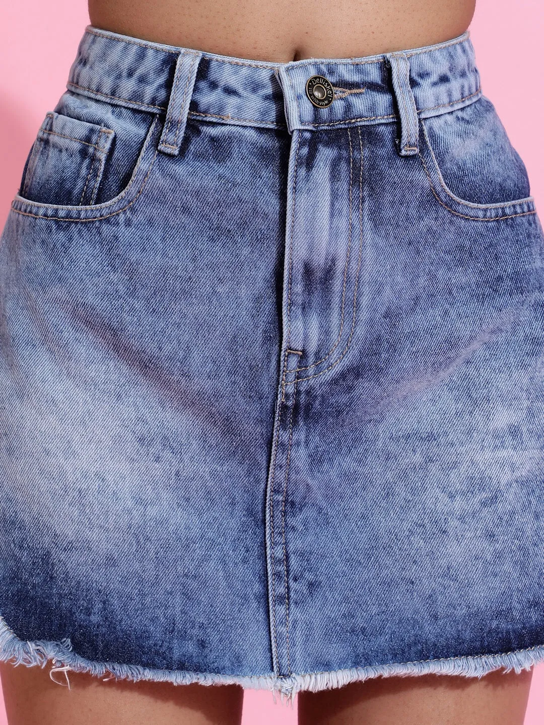Mid Blue Solid Casual Denim Skirt