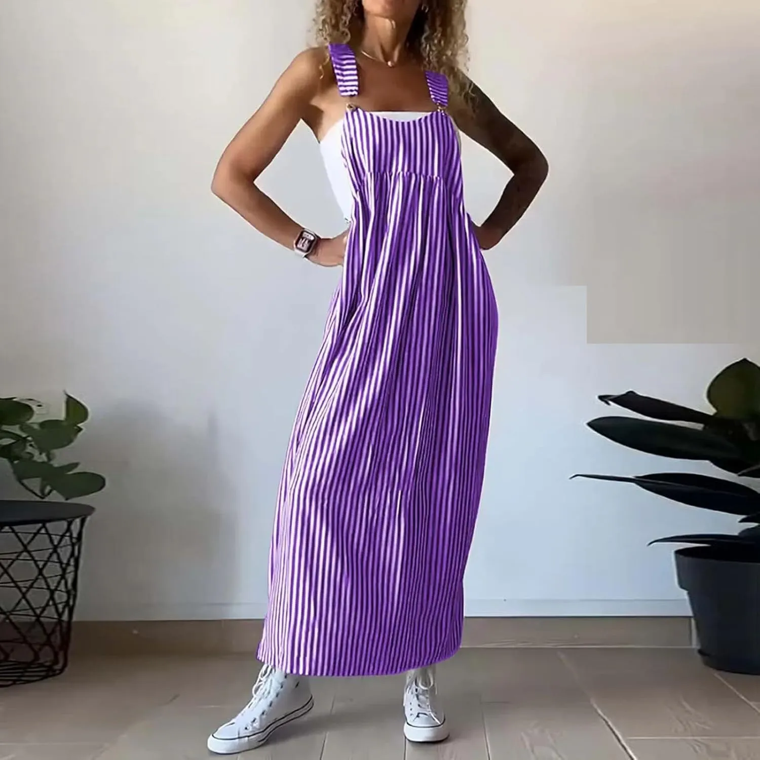 midelxp Striped Maxi Dress for Women Summer Y2k Square Neck Overall Dress Comfy Adjustable Strap Loose Long Beach Dresses