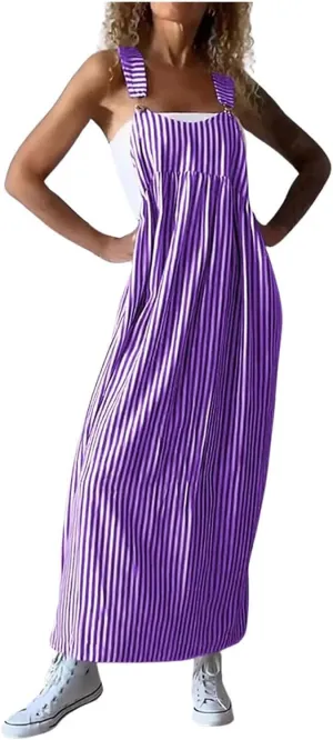 midelxp Striped Maxi Dress for Women Summer Y2k Square Neck Overall Dress Comfy Adjustable Strap Loose Long Beach Dresses