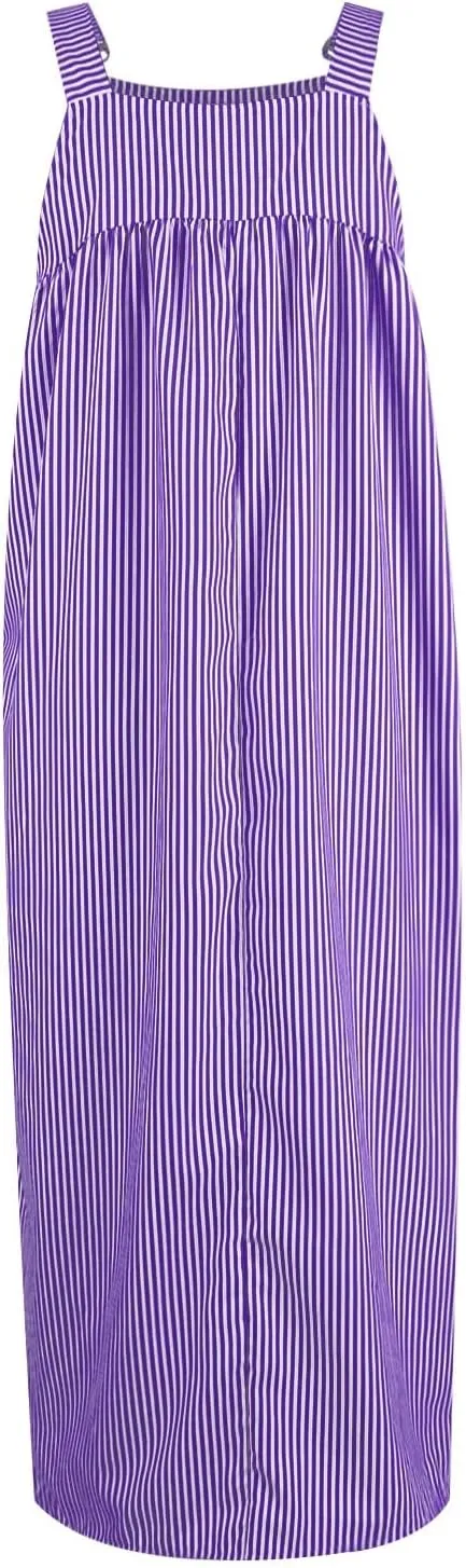 midelxp Striped Maxi Dress for Women Summer Y2k Square Neck Overall Dress Comfy Adjustable Strap Loose Long Beach Dresses