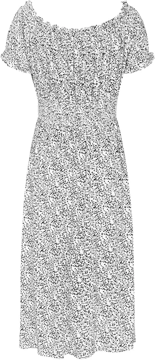 Midi Dresses for Women Floral Spring Dresses Ruffle Sleeve Crewneck Flowy Dress Wedding Guest Dress 2025 Trendy