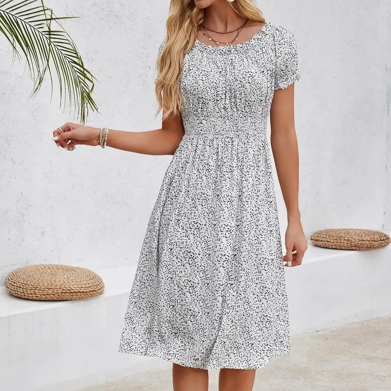 Midi Dresses for Women Floral Spring Dresses Ruffle Sleeve Crewneck Flowy Dress Wedding Guest Dress 2025 Trendy