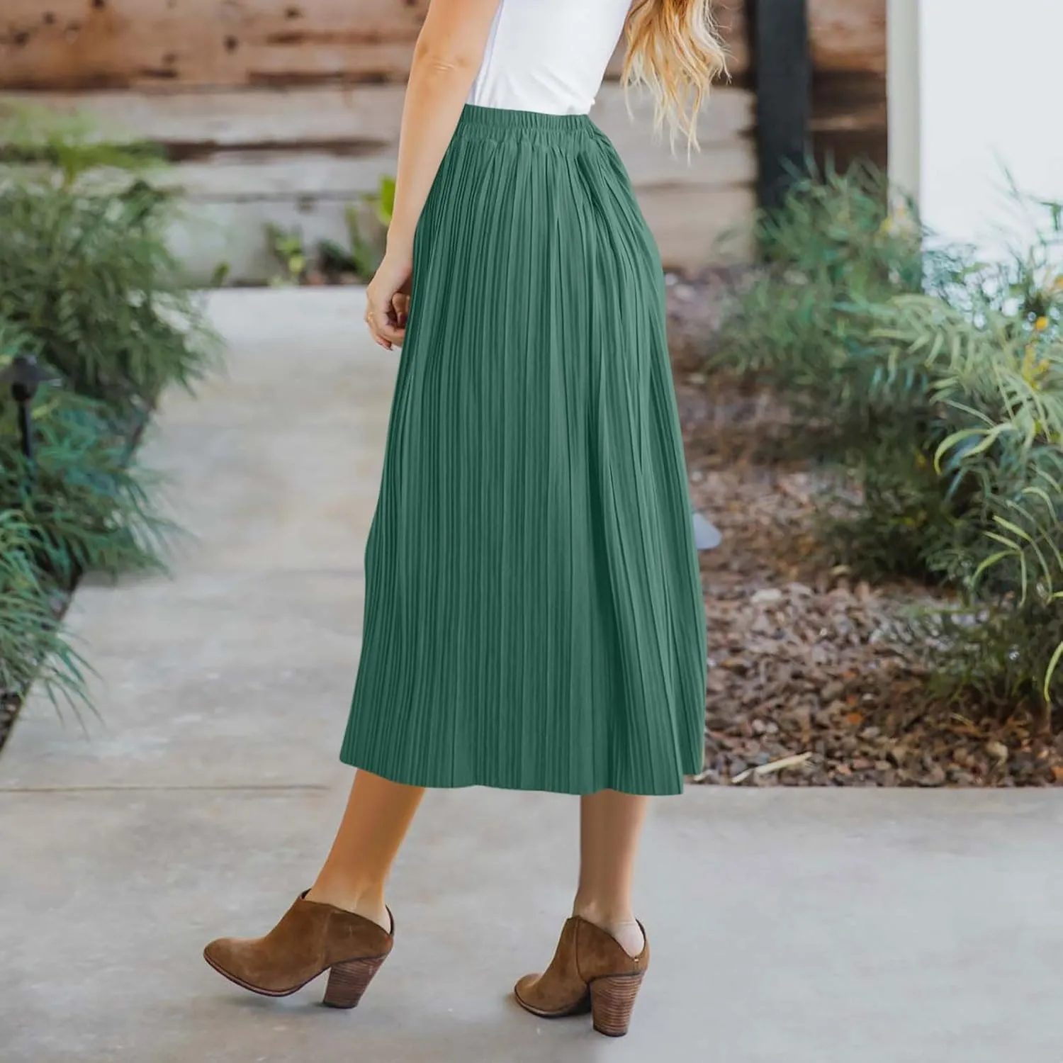 Midi Skirts for Women Casual Summer Beach Vacation High Elastic Waist Front Button A-Line Pleated Flowy Skirts