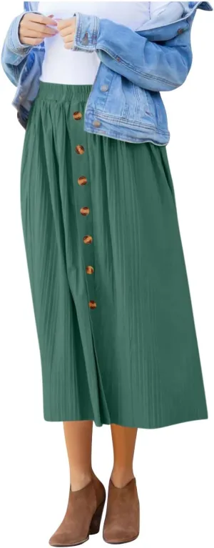 Midi Skirts for Women Casual Summer Beach Vacation High Elastic Waist Front Button A-Line Pleated Flowy Skirts