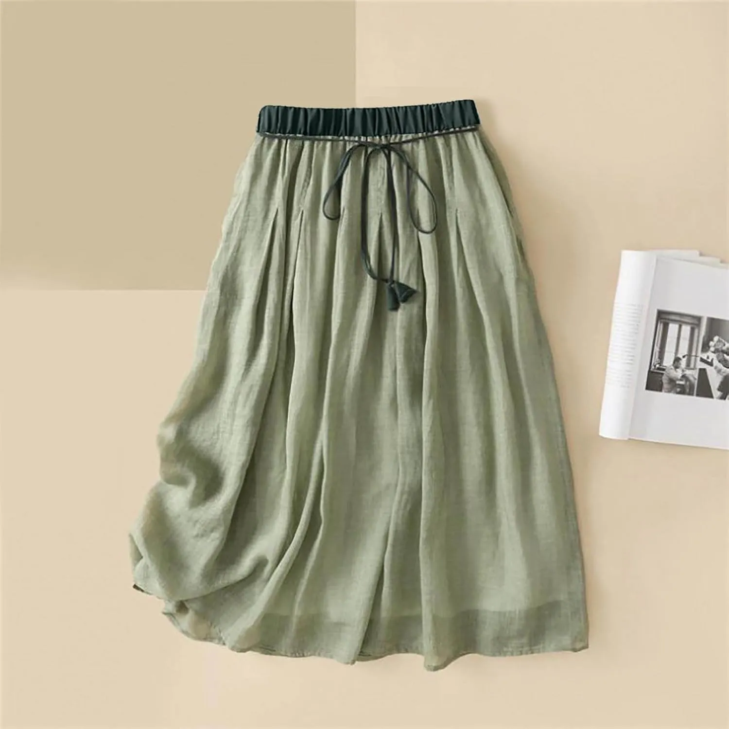 Midi Skirts for Women Cotton Linen Drawstring Elastic Waist Pleated Ruffle Skirt Summer Solid Knee Length Midi Skirt