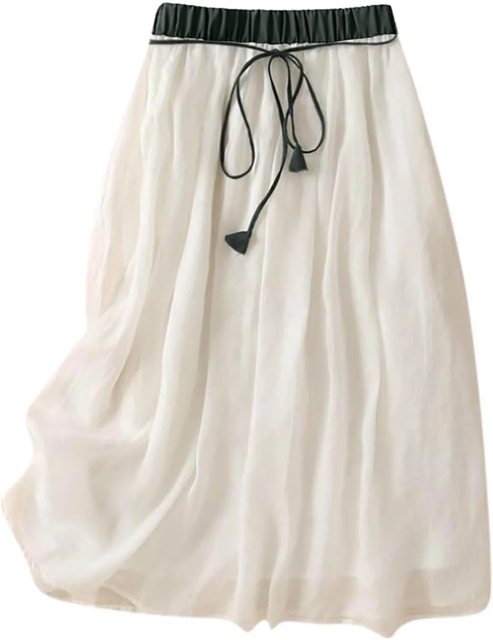 Midi Skirts for Women Cotton Linen Drawstring Elastic Waist Pleated Ruffle Skirt Summer Solid Knee Length Midi Skirt