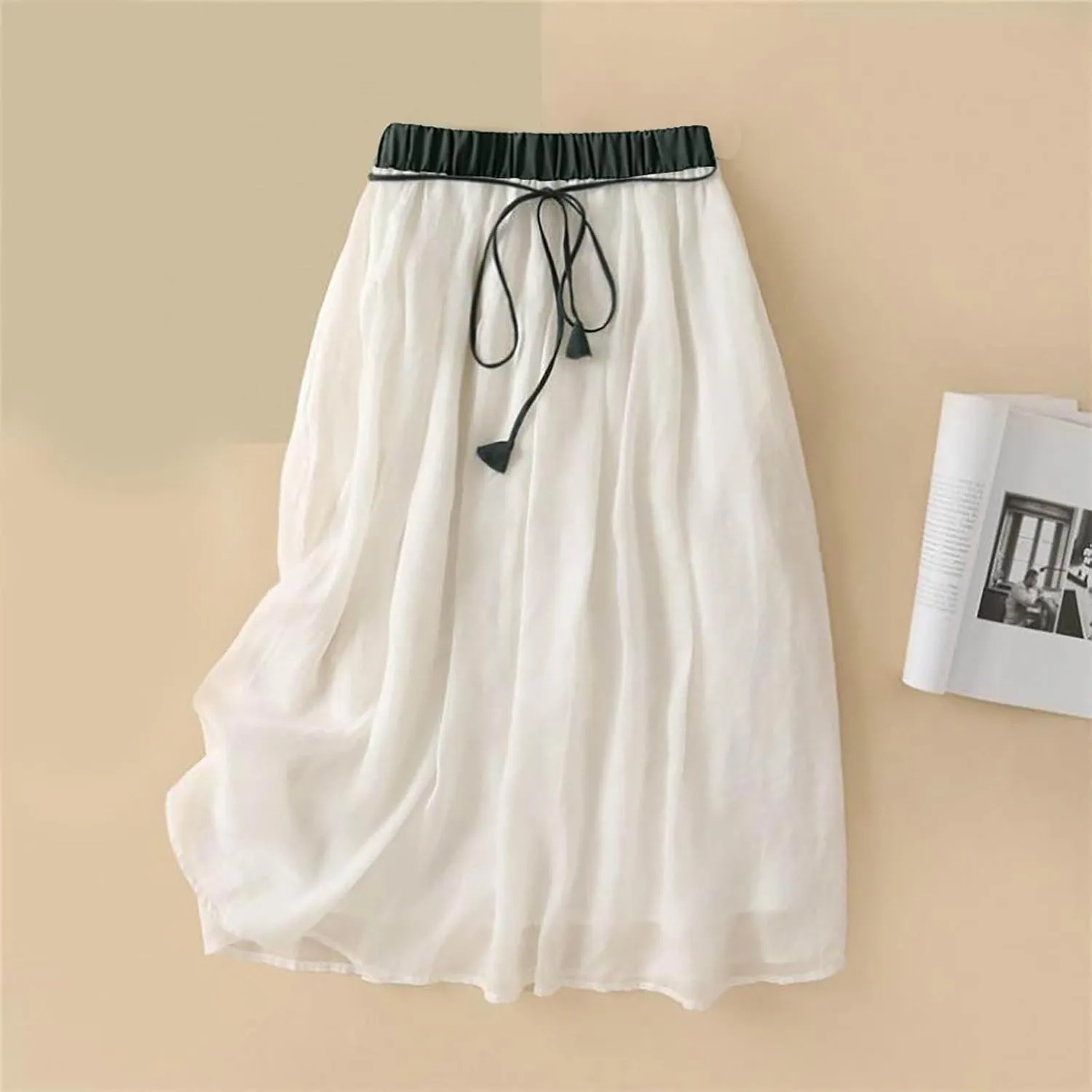 Midi Skirts for Women Cotton Linen Drawstring Elastic Waist Pleated Ruffle Skirt Summer Solid Knee Length Midi Skirt