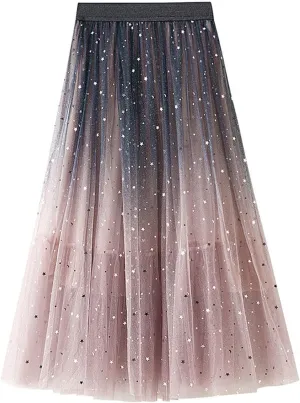 Midi Skirts for Women Fashion Women Summer Gradient Color Tulle Skirt High Waist Pleated Long Pencil Skirt for