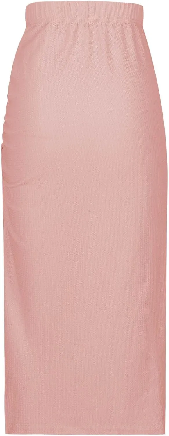 Midi Skirts for Women High Waisted Pencil Skirt with Split Ruched Bodycon Skirts Elastic Maxi Skirt Casual Skirts