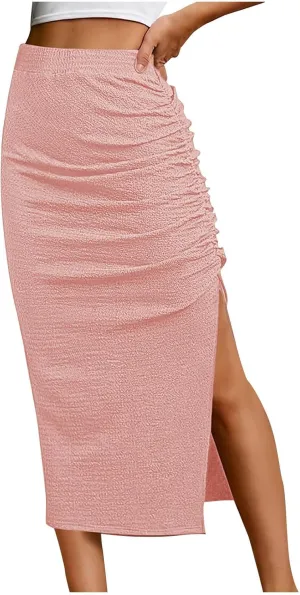 Midi Skirts for Women High Waisted Pencil Skirt with Split Ruched Bodycon Skirts Elastic Maxi Skirt Casual Skirts