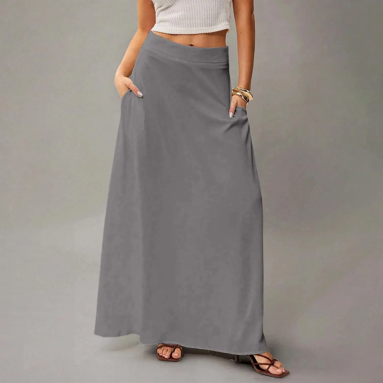 Midi Skirts for Women High Waisted Pleated A-Line Summer Swing Long Work Office with Pockets