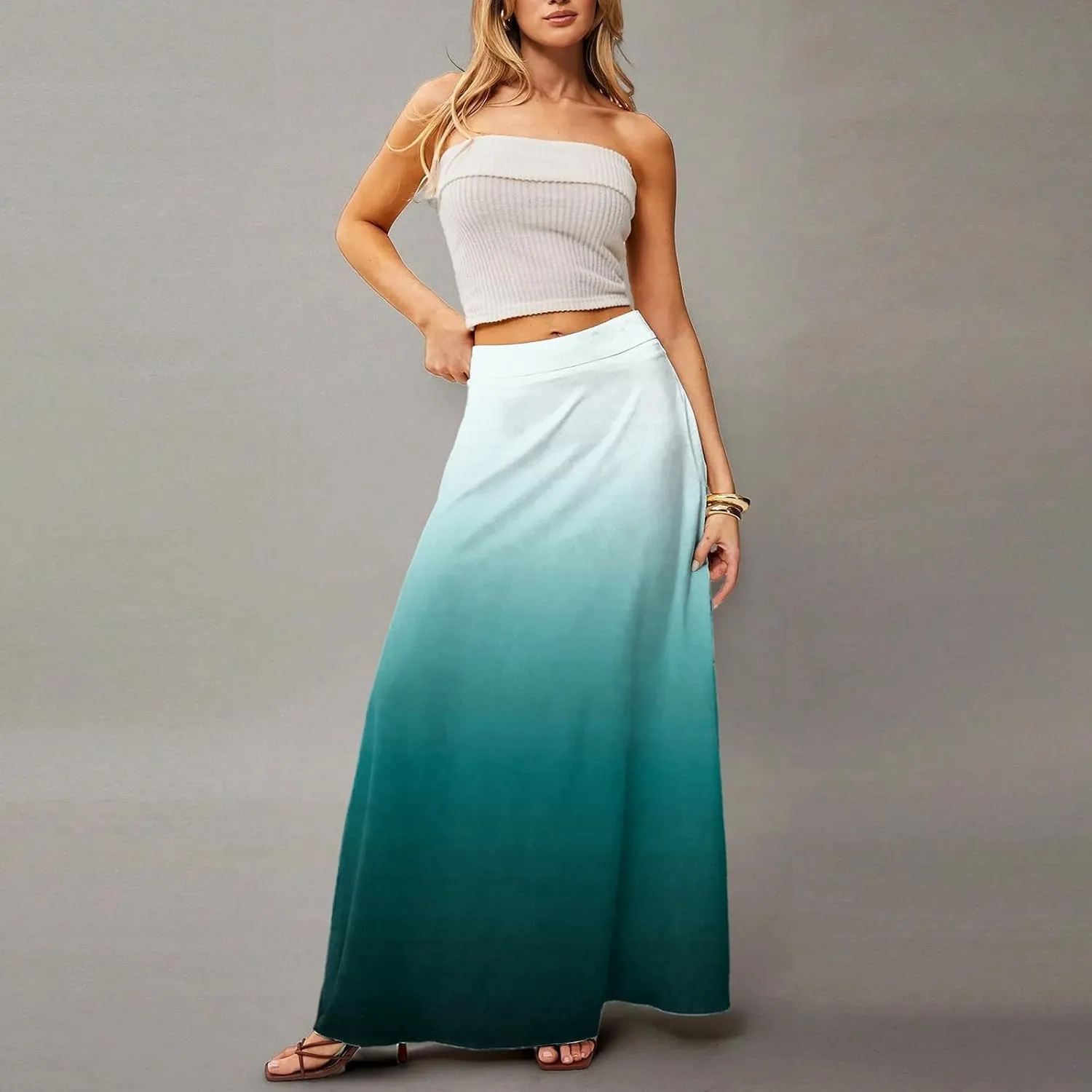 Midi Skirts for Women High Waisted Pleated A-Line Summer Swing Long Work Office with Pockets