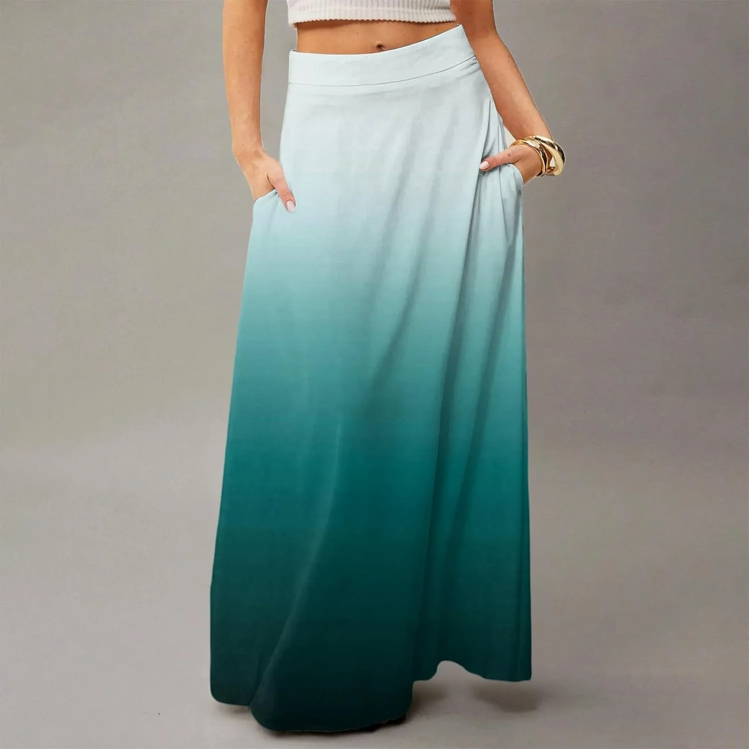 Midi Skirts for Women High Waisted Pleated A-Line Summer Swing Long Work Office with Pockets