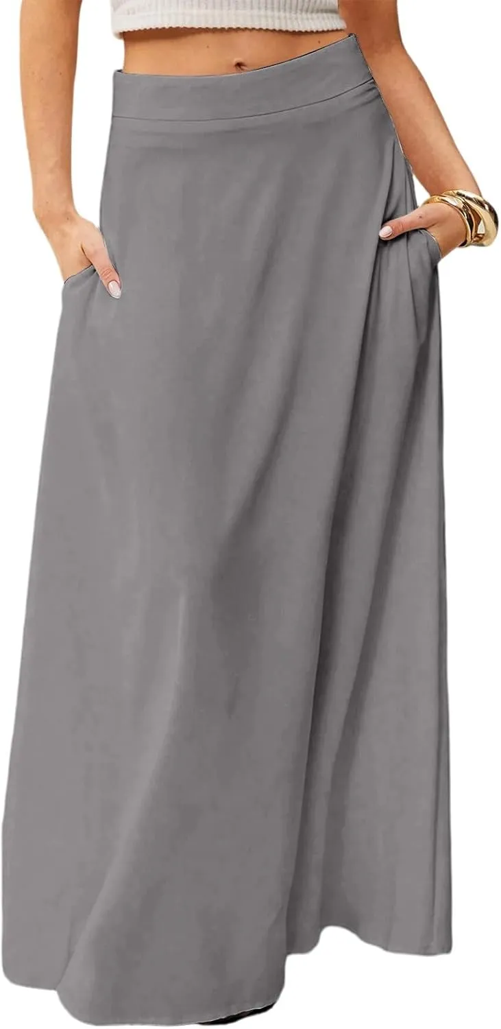 Midi Skirts for Women High Waisted Pleated A-Line Summer Swing Long Work Office with Pockets
