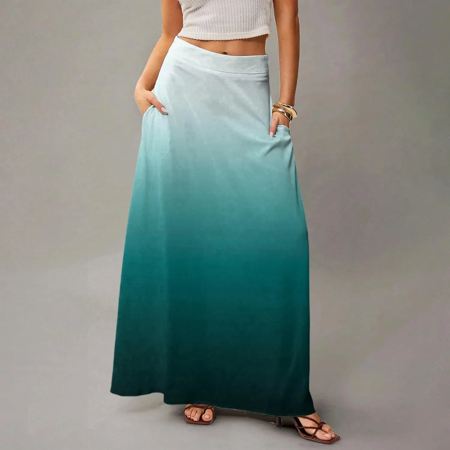 Midi Skirts for Women High Waisted Pleated A-Line Summer Swing Long Work Office with Pockets