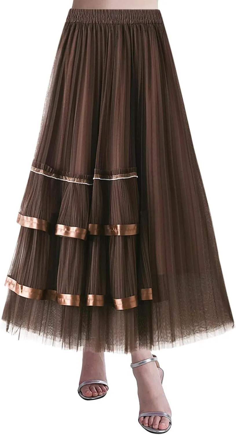 Midi Skirts for Women Ladies Printed Saree Bustier Mid Length A Line Floral Mesh Long Skirt