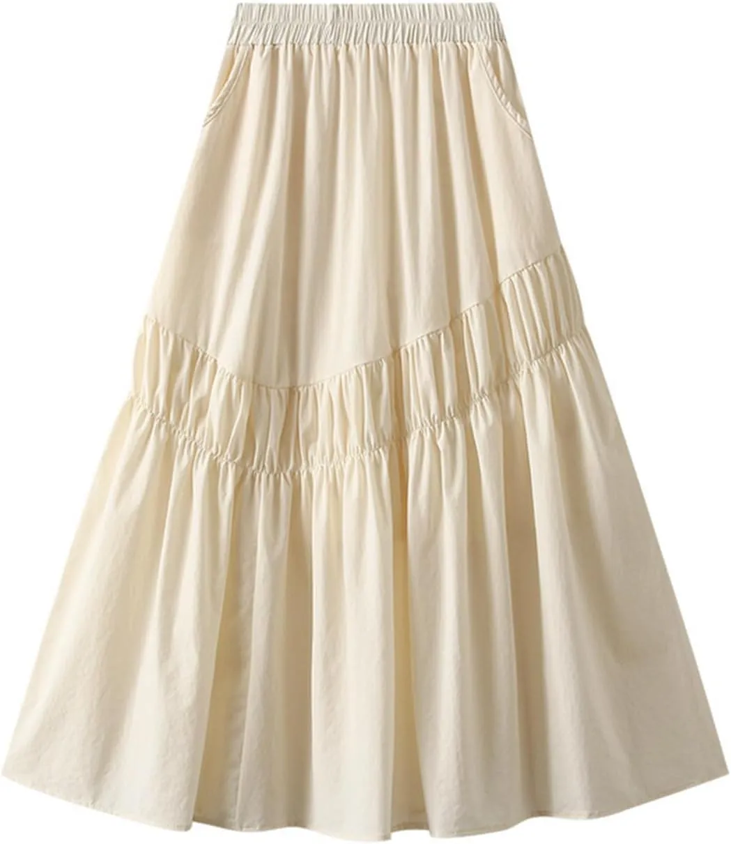 Midi Skirts for Women, Ruffle Pleated Elastic Waist Knee Length Solid Color Skirt Trendy Casual Loose Cute Skirt