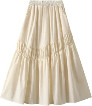 Midi Skirts for Women, Ruffle Pleated Elastic Waist Knee Length Solid Color Skirt Trendy Casual Loose Cute Skirt
