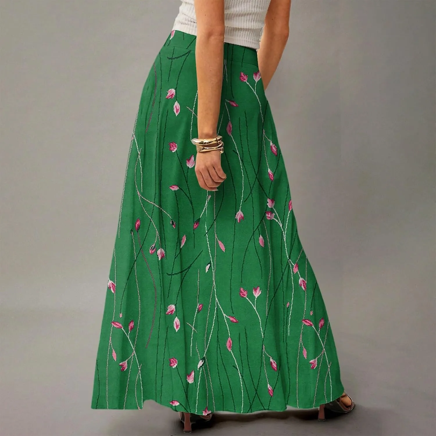 Midi Skirts for Women Summer High Waisted Pleated A-Line Swing Floral Long with Pockets