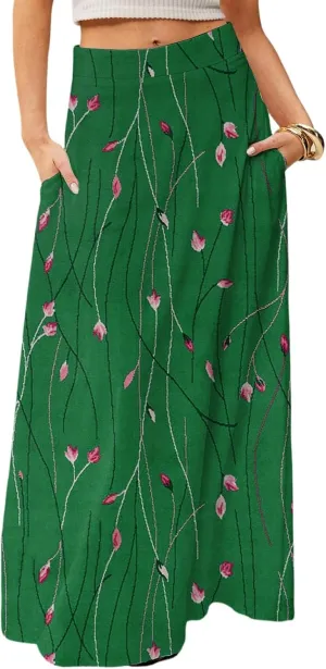 Midi Skirts for Women Summer High Waisted Pleated A-Line Swing Floral Long with Pockets