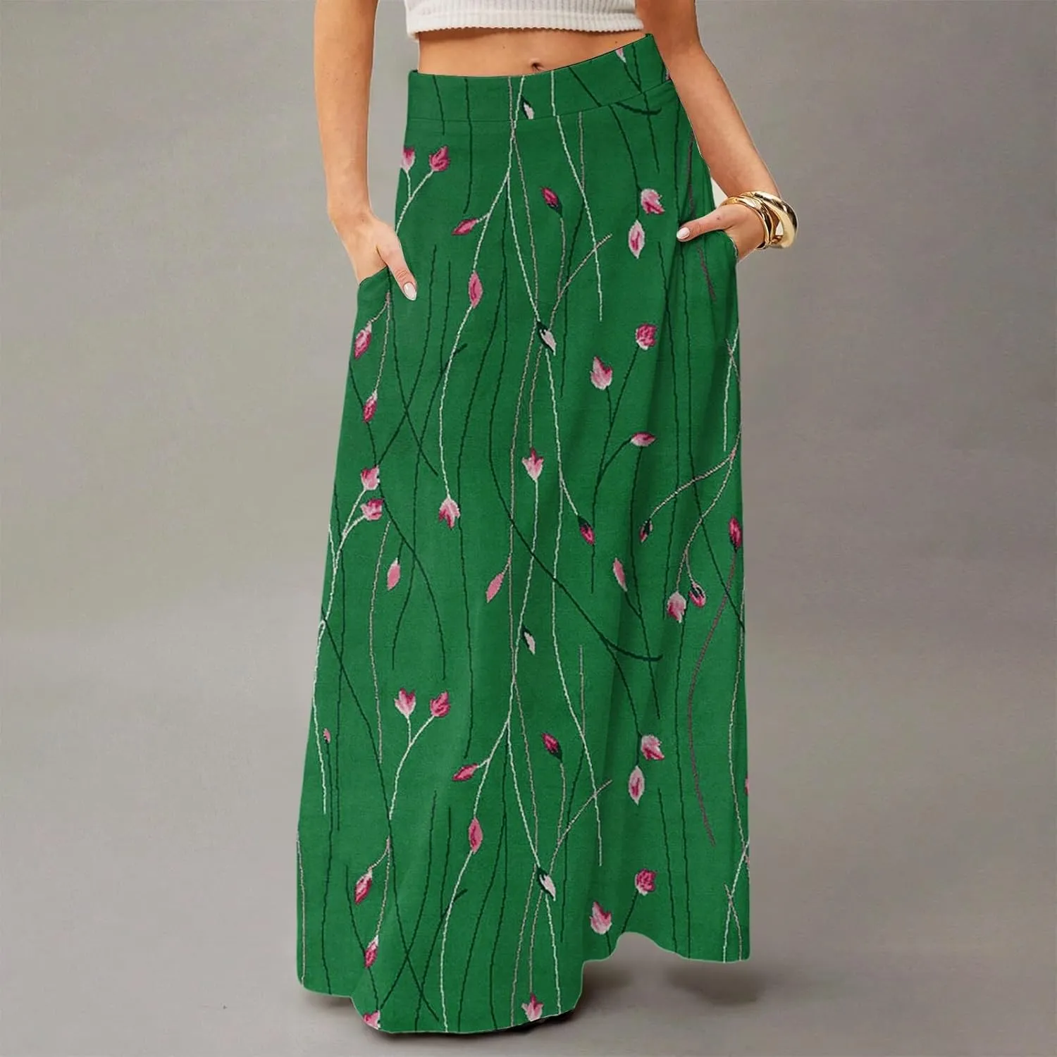 Midi Skirts for Women Summer High Waisted Pleated A-Line Swing Floral Long with Pockets