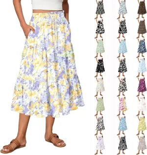 Midi Skirts for Women Trendy Summer High Waisted Flowy Boho Floral Skirts Casual Tiered A Line Skirt with Pockets