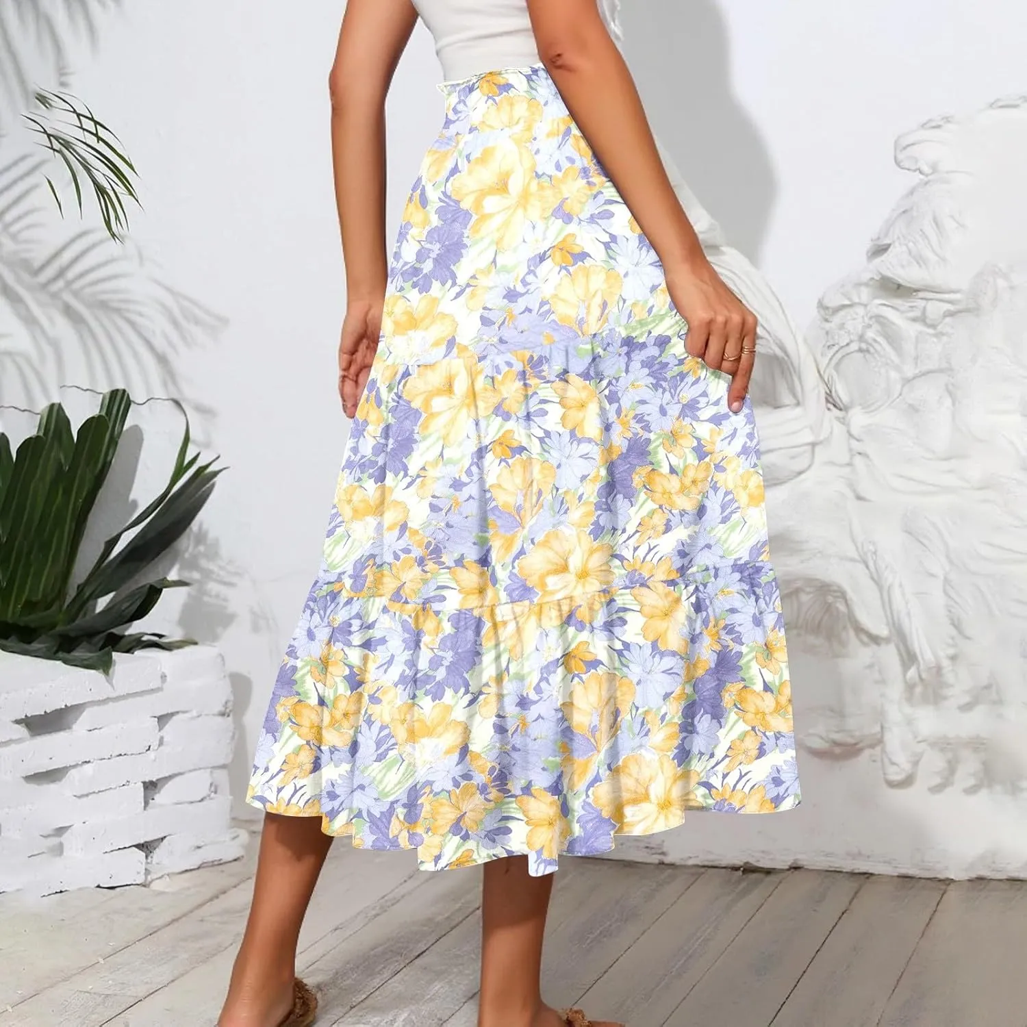 Midi Skirts for Women Trendy Summer High Waisted Flowy Boho Floral Skirts Casual Tiered A Line Skirt with Pockets