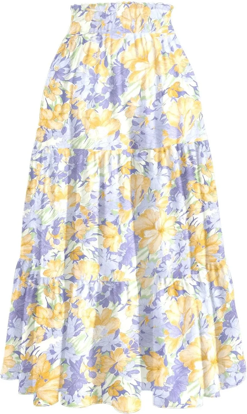 Midi Skirts for Women Trendy Summer High Waisted Flowy Boho Floral Skirts Casual Tiered A Line Skirt with Pockets