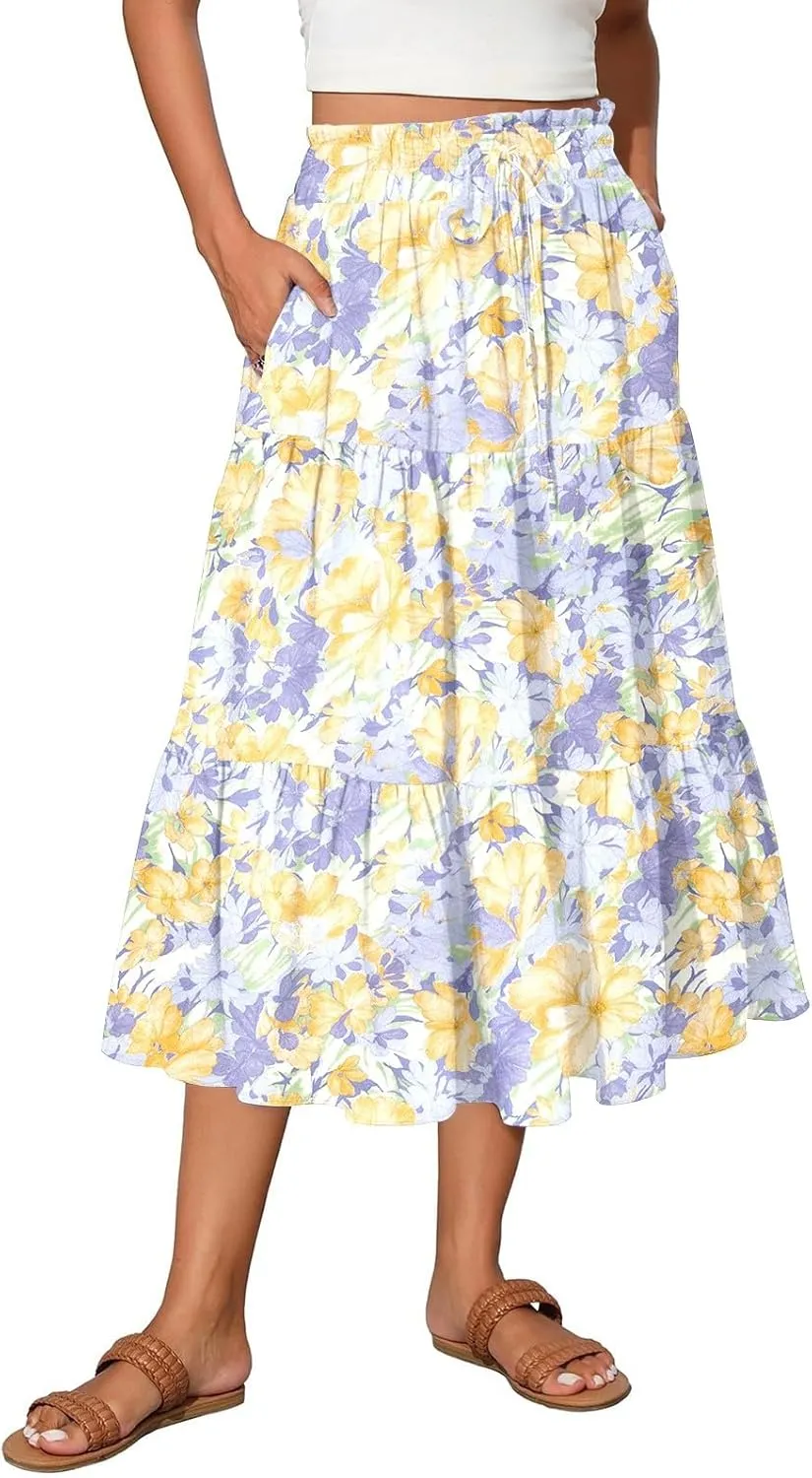Midi Skirts for Women Trendy Summer High Waisted Flowy Boho Floral Skirts Casual Tiered A Line Skirt with Pockets