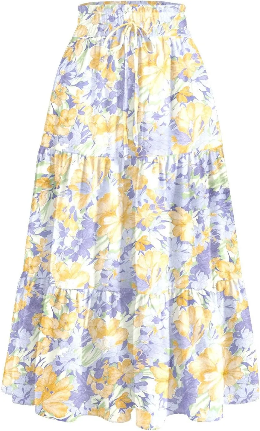 Midi Skirts for Women Trendy Summer High Waisted Flowy Boho Floral Skirts Casual Tiered A Line Skirt with Pockets