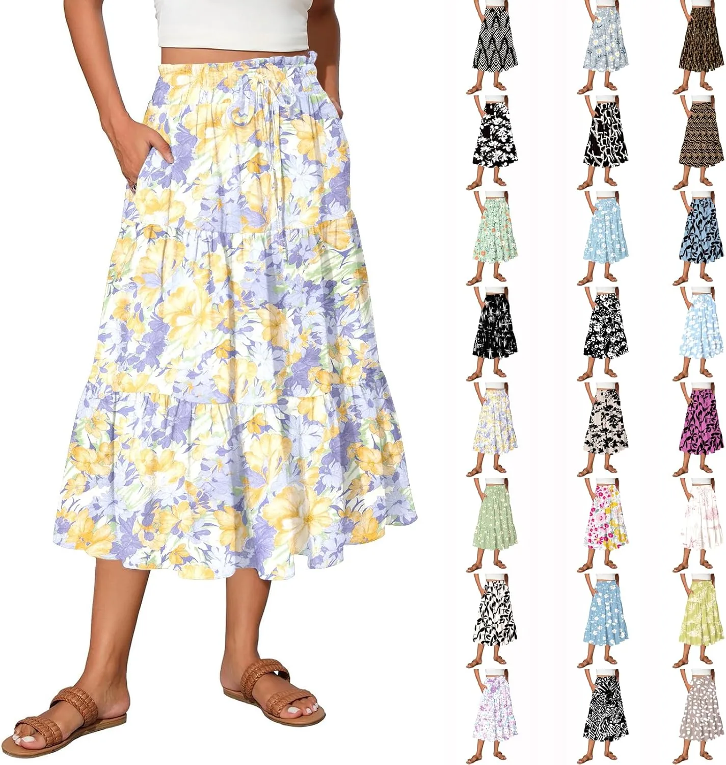 Midi Skirts for Women Trendy Summer High Waisted Flowy Boho Floral Skirts Casual Tiered A Line Skirt with Pockets