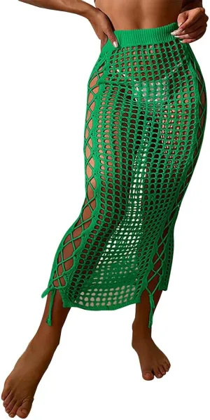 Midi Skirts for Women Women's Sexy Sheer Lace Up Side Tie Pure Color Knit Maxi Skirt Beach Vacation Half Skirt