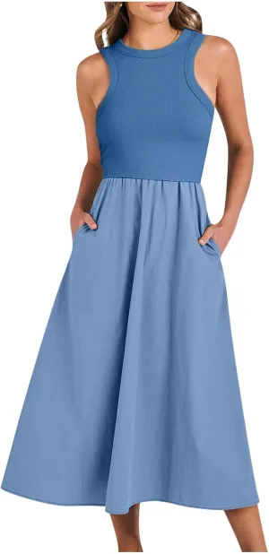 Midi Summer Dresses for Women 2024 Casual Ribbed Loose Fit a Line Dresses Solid Color Sleeveless Long Maxi Dresses