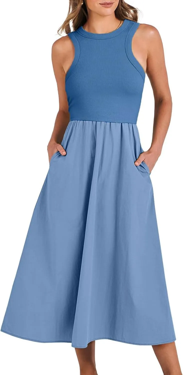 Midi Summer Dresses for Women 2024 Casual Ribbed Loose Fit a Line Dresses Solid Color Sleeveless Long Maxi Dresses